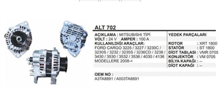 Alternatör 24V 80AH 8PK Ford Cargo Otosan 3225 3227 Mıtsubısh | MARTEK ALT702
