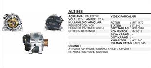 Alternatör 12V 80AH Citroen Berlingo Peugeot 206 406 Partner Saxo Peug 206-306 Başlıklı ALT868 | MARTEK ALT868
