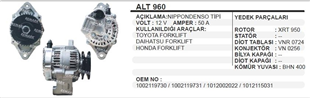 Alternatör 12V 50AH Toyota Forklift Daihatsu Forklift Honda Forklift Suzuki ALT960 | MARTEK ALT960