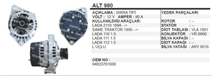 Alternatör 12V 80AH Lada Vega Same Traktör ALT980 Lada Samara | MARTEK ALT980