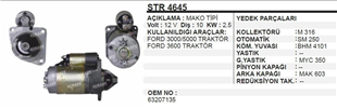 Marş Motoru 12V 10DİŞ Ford Traktör 3000 Excavatör Newholland Hy Mac Excavatör New Holland Ford 3600 3000 3610 MF135 Jcb 805 E | MARTEK STR4645