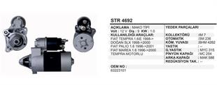 Marş Motoru 12V 9DİŞ Tofaş Doğan Kartal Şahin Slx Fiat Uno Tipo Tempra (Sekmansız) STR4692 STR3101 63223101 31146N STR31146N | MARTEK STR4692