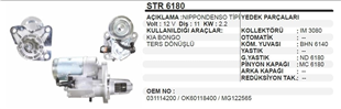 Marş Motoru 12V 11DİŞ Kia Bongo Pregio Ters Hı-besta-pregıo | MARTEK STR6180