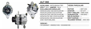 Alternatör 24V 50AH (8PK Lı Kasnak) Hitachi Excavatör Zaxıs 330 240 200 230 Isuzu 4HK1 ALT060 | REMARK ALT060