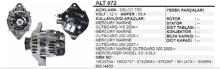 Alternatör 12V 55AH Mercury Marin Mercury (Yandan Çıkış Cıvata Soket) ALT072 19020707 WAİ8471N | REMARK ALT072