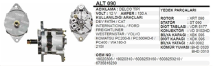 Alternatör 12V 130AH Bmc Fatih Caterpillar Komatsu PC200 PC300 PC400 Ford ALT090 | REMARK ALT090