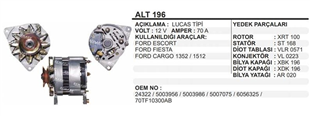 Alternatör 12V 65AH Ford Cargo 1352 1512 Escort Ford Escort Fiesta Cargo 1352 1512 70A (ALT4028) Escort-taunus 70A Lucas | REMARK ALT196