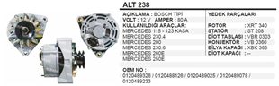 Alternatör 12V 80AH 2PK Mercedes Binek 115 123 Kasa 230.4 200 230.6 260E 250E ALT238 | REMARK ALT238