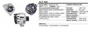 Alternatör 12V 90AH Bosch Tipi Mercedes E200 C180 CLK200 CLK230 Kompresör 2000-2003 ALT248 | REMARK ALT248