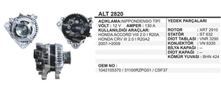 Alternatör 12V 130AH Honda Accord Crv 2,0l 08 31100RZPG01 1042105370 DAN1148 ALT2820 | REMARK ALT2820