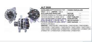 Alternatör 12V 100AH Toyota Corolla Auris Avensis RAV4 Verso 2008-IG-RLO-L-M Uçlu | REMARK ALT2926