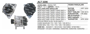 Alternatör 12V 120AH Jcb Newholland Iskra Tip Backhoe Loader 2003 New Holland TM120 TM130 2002 TV140 (IA1019 11203042) ALT3200 | REMARK ALT3206