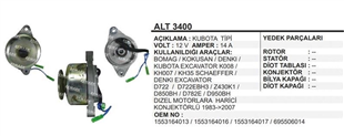 Alternatör 12V 14AH Kubato Bomak Kokusan Denki Kubato Excavatör Bomag | REMARK ALT3400