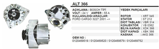 Alternatör 24V 60AH Ford Cargo 3225 Cargo 3227 01>> İki Ayak Kalın ALT366 | REMARK ALT366