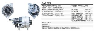 Alternatör 12v 65ah Vakumlu Makotip Ford Transit T12 190v T15 T150 Transit 63395571 Alt490 | Remark Alt490