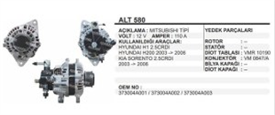 Alternatör 12V 110AH Kia Sorento 2,5/H1-H200 Hyundai Starex H1 2.5 Crdi Kia Sorento 7 Kanal Bilyalı Kasnak | REMARK ALT580