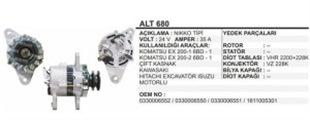 Alternatör 24V 40AH Excavatör Kepçe Komatsu EX200 Kawasaki Isuzu UWA3530 | REMARK ALT680