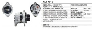 Alternatör 24V 60AH Komatsu PC200-3 PC220-5 | REMARK ALT7715