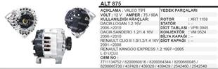 Alternatör 12V 110AH Dacia Logan Clio Kango Kulaktan Gergili ALT875 | REMARK ALT875