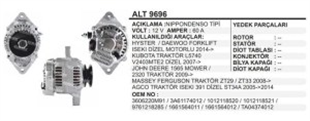 Alternatör 12V 60AH Hyster Forklift Kubota Traktör Daewoo Johndeere 1565 Massey Ferguson Agco | REMARK ALT9696