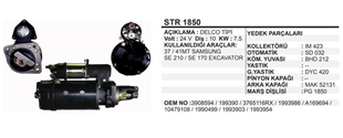 Marş Motoru 24V 10DİŞ Komatsu İşmak 37MT 41MT Kobelko Cummins 37MT / 41MT Samsung, SE 210 / SE 170 Excavatör | REMARK STR1850