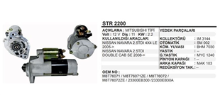 Marş Motoru 12V 11DİŞ Mitsubishi 2.2KW Nissan Navara 4x4 Double Skystar 2.5 TDI | REMARK STR2200