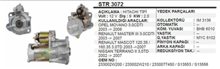 Marş Motoru 12V 9DİŞ Hitachi Tip Opel Movano Renault Master Mascot Nıssan Terrano | REMARK STR3072