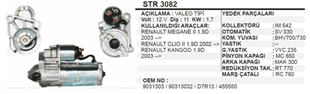 Marş Motoru 12V 11DİŞ Renault Clio Kango 1.9 Dizel Scenic Megan Dizel Renault Megane II 03 Clio II 02 Kangoo 03 1,9 Dizel | REMARK STR3082