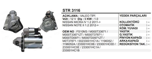 Marş Motoru 12V 9DİŞ 1,0 Kw Nissan Micra 1.2 Note 1. Mikra | REMARK STR3116
