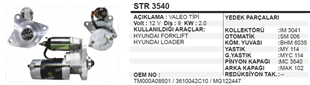 Marş Motoru 12V 9DİŞ Hyundai Forklift Loader | REMARK STR3540