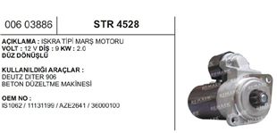 Marş Motoru 12V 9DİŞ 2 Kw Iskra Tip Deutz Dıter Beton Düzeltme Makinası IS1062 REMARK-STR4528 | REMARK STR4528