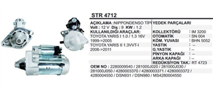Marş Motoru 12V 9DİŞ Toyota Yaris I 1,0 1,3 99->05 | REMARK STR4712