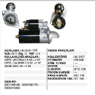 Marş Motoru 12V 9DİŞ Opel Vectra A Kasa Omega A Kasa Calıbra 2.5 93 97 000108 | REMARK STR5115