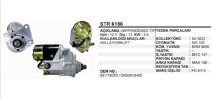 Marş Motoru 12V 13DİŞ N.denso Halla Forklift Hyundai / Kia Forklift | REMARK STR6186