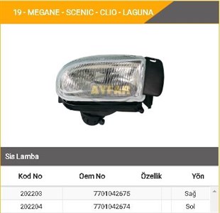 Sis Lambası R19 Sol Ayf202204 | Ayfar 202204