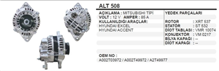 Alternatör 12V 85AH Hyundai Exel Accent Proton ALT508 | WINWIN ALT508