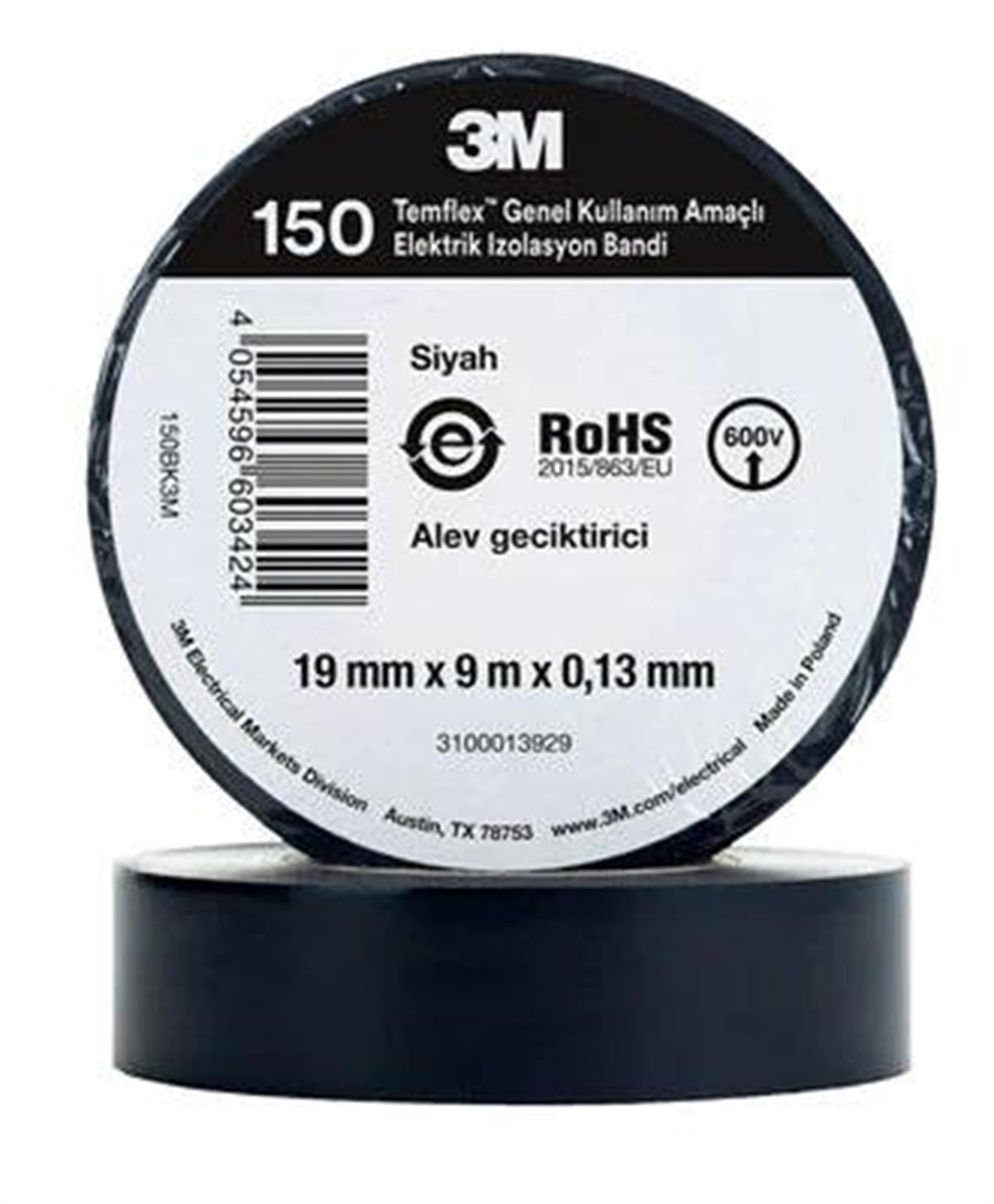 3m İzolebant 19mm Siyah (polonya) ( 100 Adet ) Temflex 150 (19mm*9m) Siyah Pvc İzole Elektrik Bandı 3m 3m7100184776 7100184776 | 3m 7100184776-100