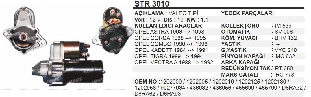 Marş Motoru 12v 10diş Opel Astra Valeo Tip Str3010 1986s00668 | Aes Str3010