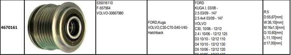 Alt.kasnağı 5kan Volvo C30 06-12, C70 06-12, S40 Ii 11- 2.4, D3, D4, D5, Ford Kuga 535016110 | Gmp 4670161
