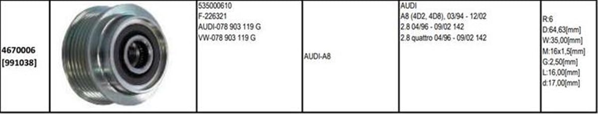 Alt.kasnağı 6kan Audı A8 | Gmp 4670006