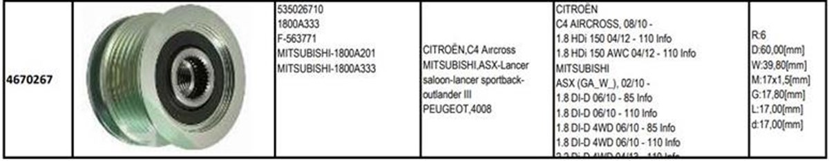 Alt.kasnağı 6kan Cıtroen C4 Mıtsubıshı Lancer Peugeot Pejo 4008 | Gmp 4670267