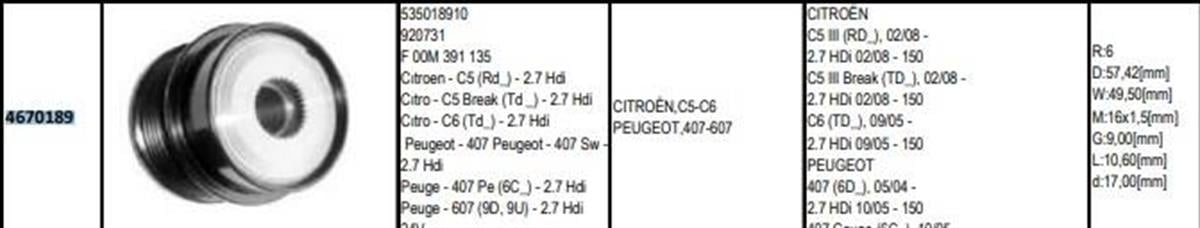 Alt.kasnağı 6kan Citroen C5 C6peugeot 407 607 | Gmp 4670189