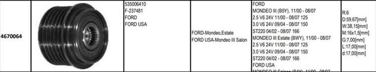 Alt.kasnağı 6kan Ford Mondeo Hyundaı Ix35 Kıa Sportage Optıma | Gmp 4670064