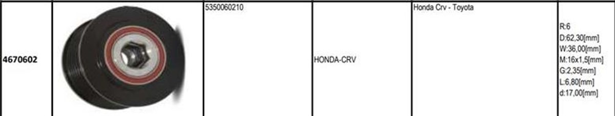 Alt.kasnağı 6kan Honda Crv Toyota Honda Crv Toyota | Gmp 4670602