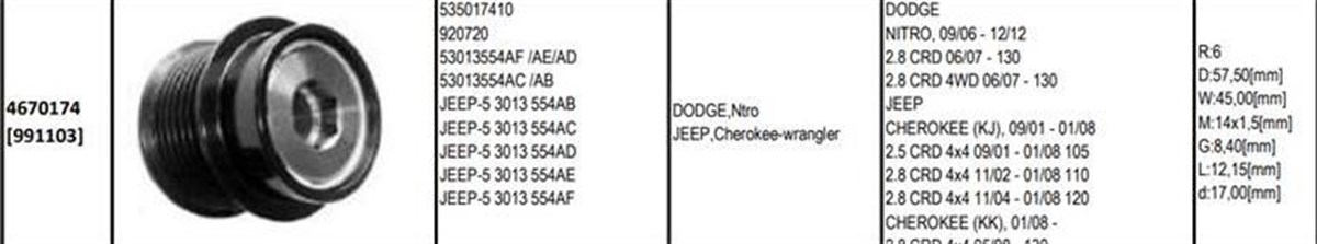 Alt.kasnağı 6kan Jeep Cherokee Dodge Nıtro Jeep Cherokee Iı 2.5 Crd/ 2.8 Crd 4x4 920720 920615 6 Kanal Denso | Gmp 4670174