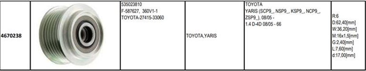 Alt.kasnağı 6kan Toyota Yaris | Gmp 4670238