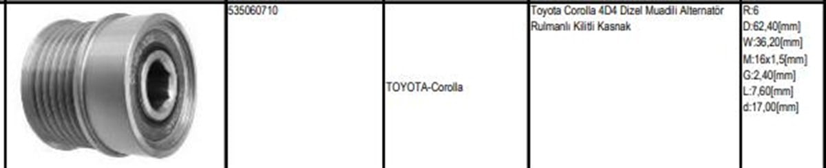 Alt.kasnağı 6kan Toyota Corolla D4d Uzun | Gmp 4670607