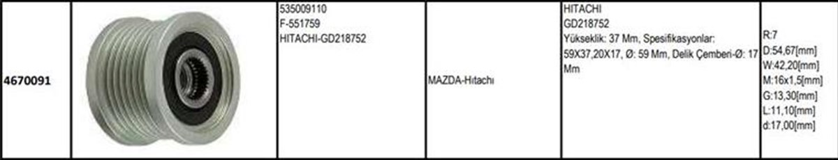 Alt.kasnağı 7kan Nissan Mazda 535009110 | Gmp 4670091