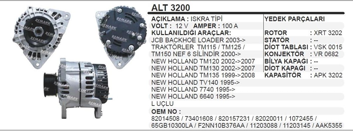 Alternatör 12v 100ah Jcb Newholland Iskra Tip Backhoe Loader 2003 New Holland Tm120 Tm130 2002 Tv140 (ıa1019 11203042) Alt3200 | Aes Alt3200