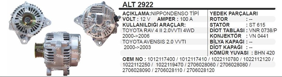 Alternatör 12v 100ah Toyota Avensis Rav4 Alt2922 | Remark Alt2922